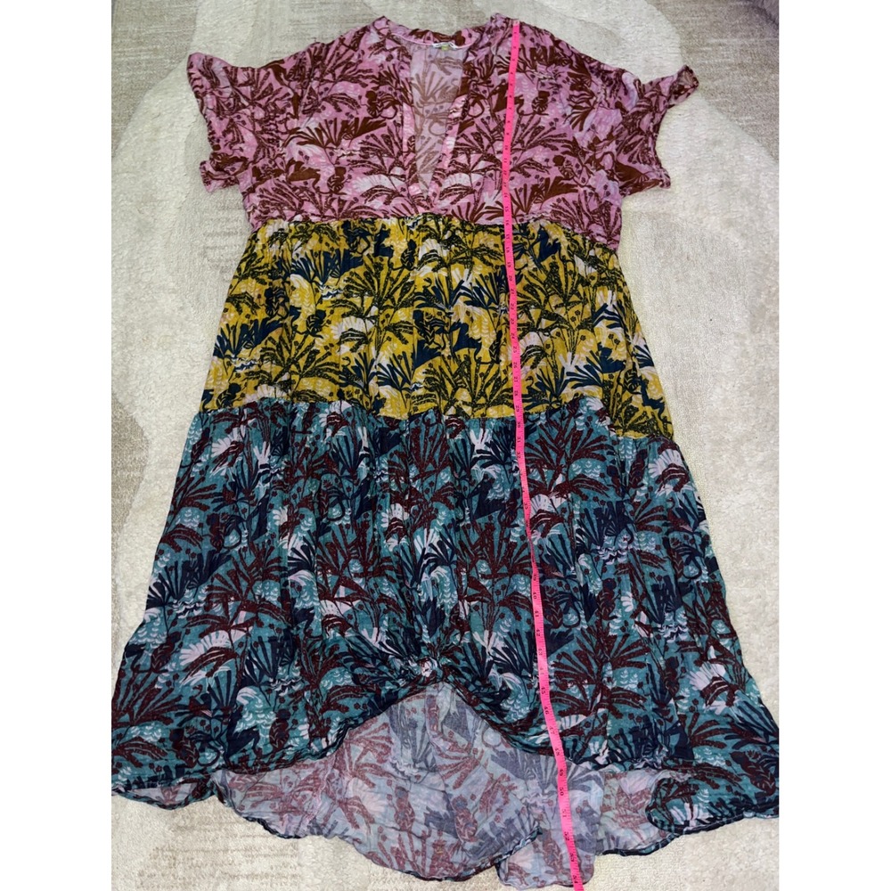 Celandine Women 3X Tropical Palm Print Tiered Maxi Dress Pink Yellow Teal V-Neck - Picture 6 of 6